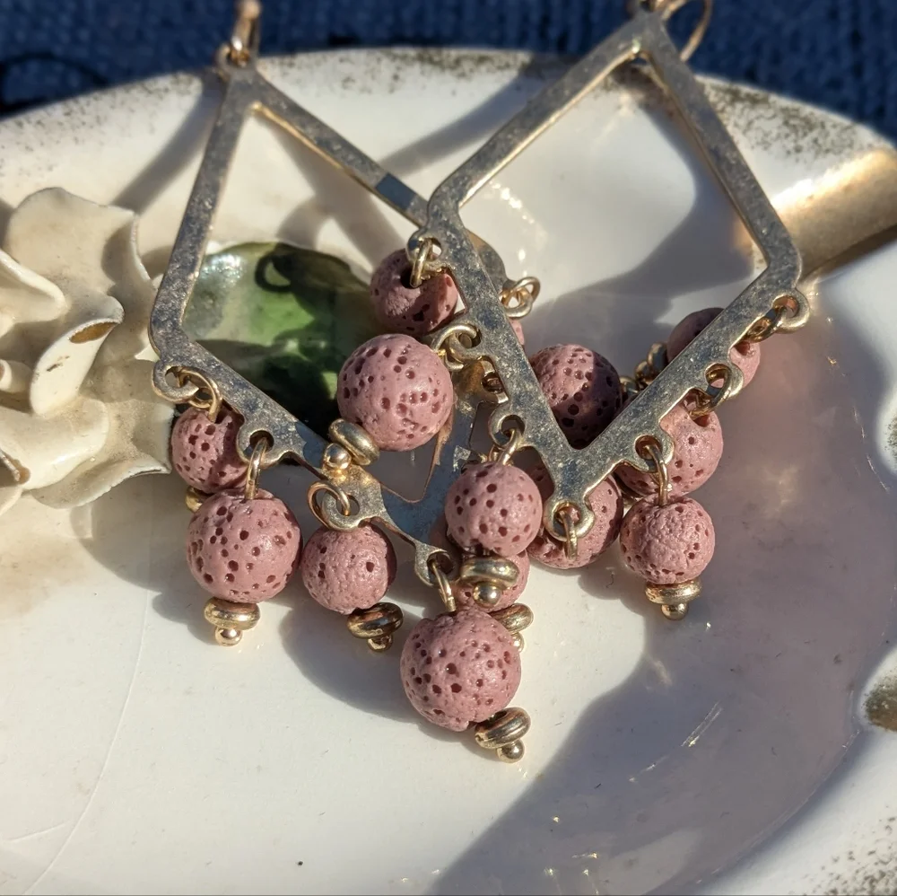 2 Pair Gold Tone Beaded Boho Dangle Beaded Earrings